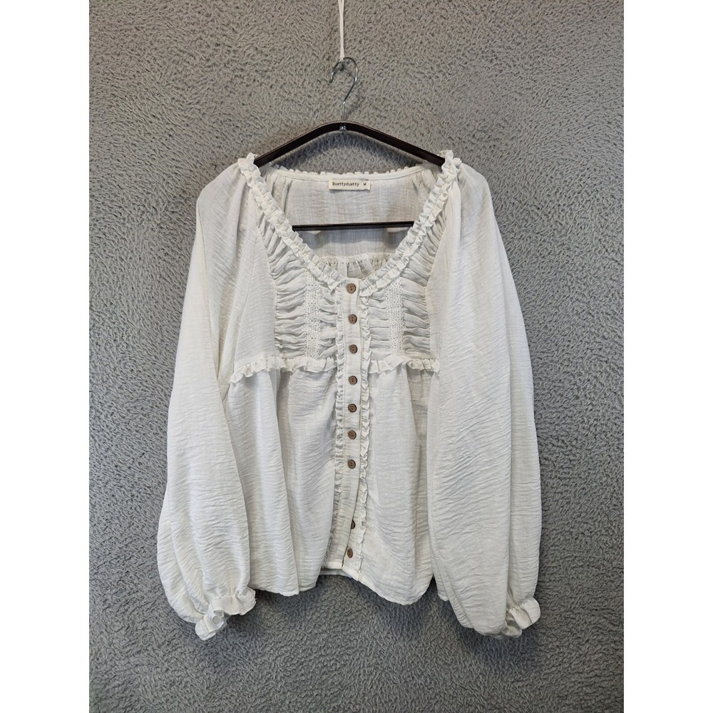 Rusttydustty Blouse Top Women M White Cottagecore Ruffle Trim Gauze Button Front